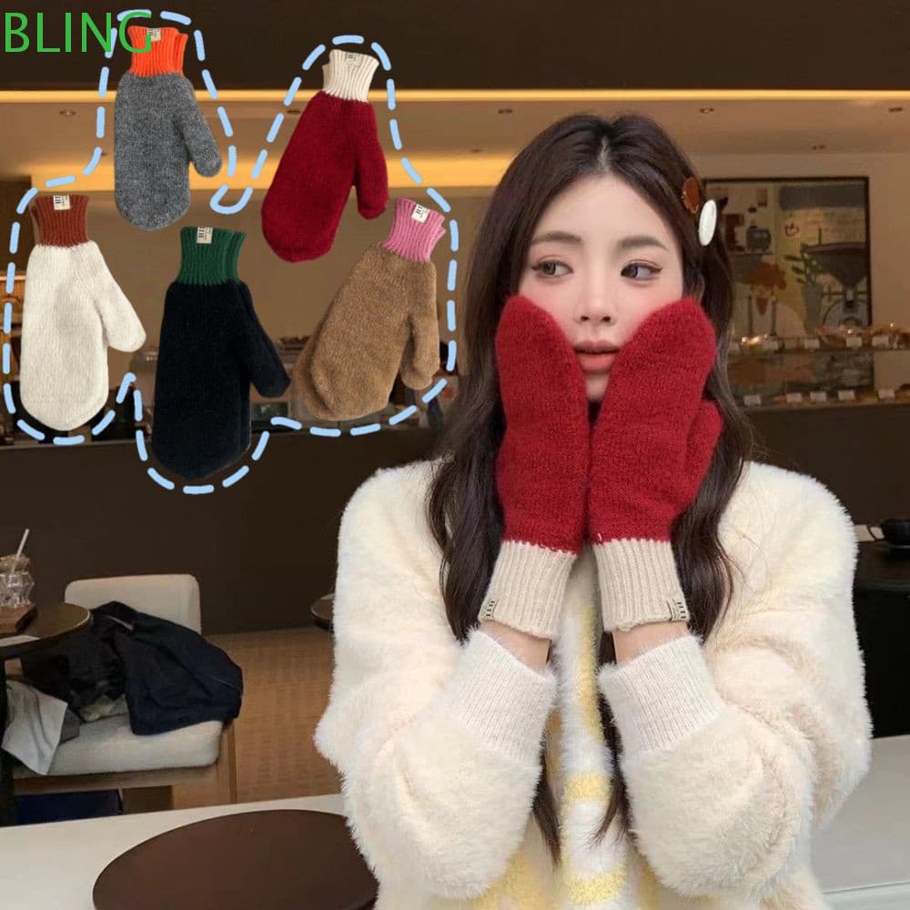 BLING Luvas Femininas De Malha , Cor Sólida Manter Quente De Pelúcia De Inverno , Dedo Inteiro Com Elasticidade