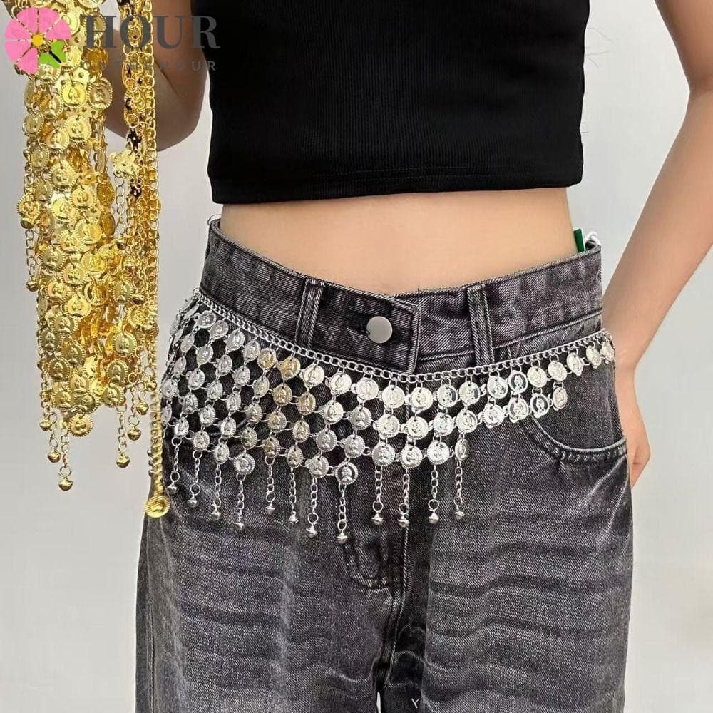 Cinto De Corrente De Cintura Para Dança Do Ventre , Cor Prata , Contas Douradas , Borla , Metal