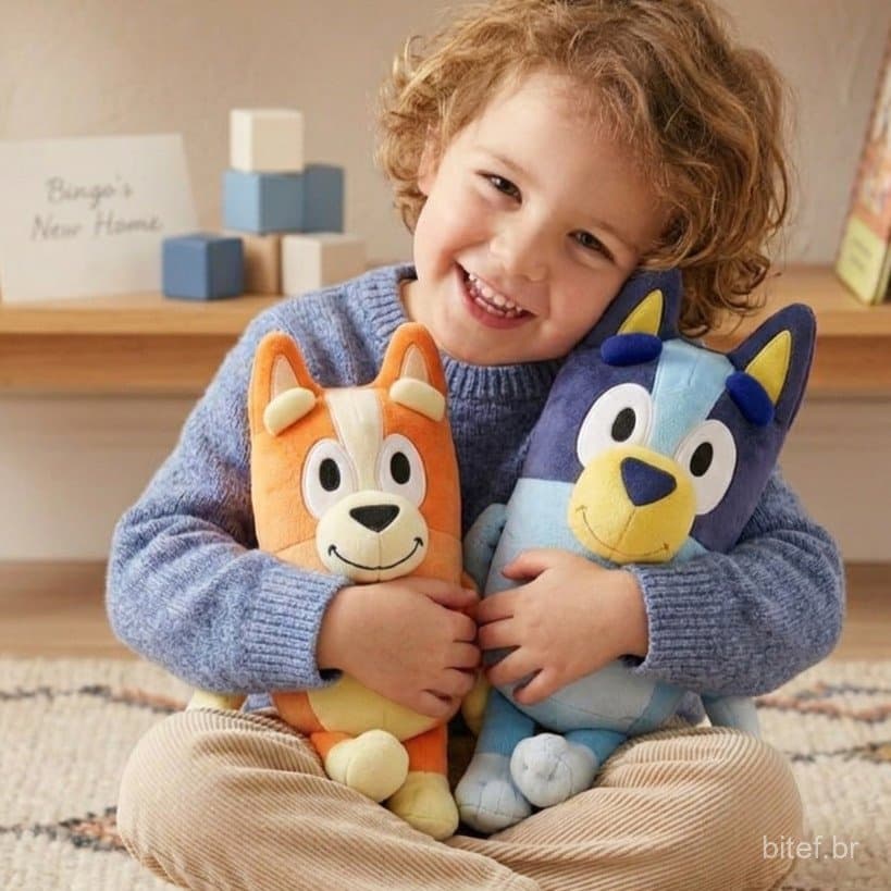 Brinquedo de Pelúcia 30cm, Filhote Azul ou Laranja, Bin Go e Bluey
