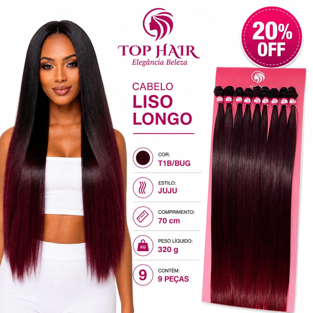 Cabelo Liso 100% Orgânico Natural 70cm 9Telas 320gr Top Hair JUJU