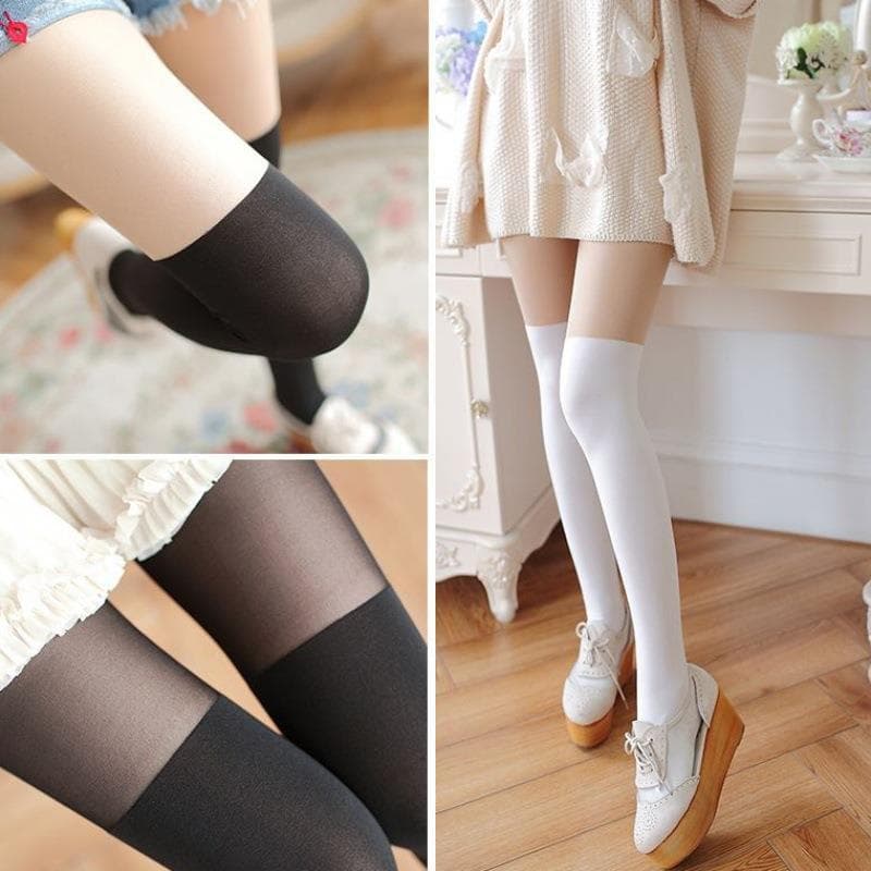 Estilo japonês costura falso tubo alto sobre o joelho meia-calça feminina meias finas pele superior inferior preto branc