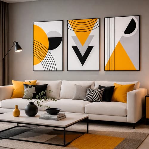 Kit 03 Quadros Decorativos Para Sala Amarelo E Preto 50x90