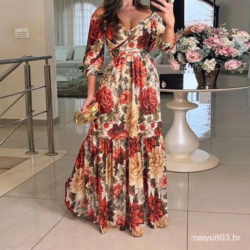 28782 Vestido Elegante Irregular Estampado com Decote em V para Mulheres Europeias e Americanas 8456 PUXN 3FVH