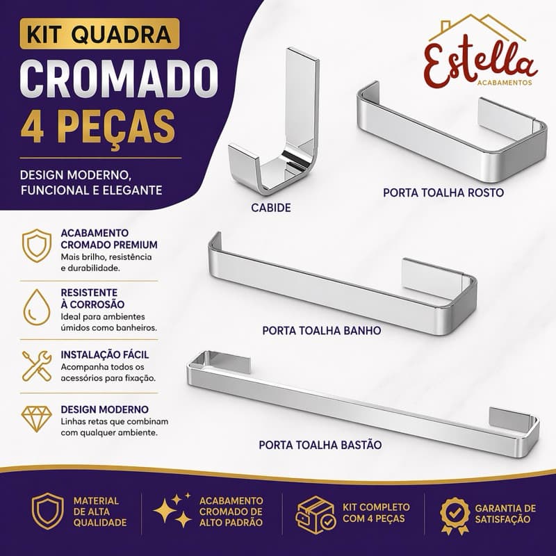 Kit Quadra 4 Peças Cromado - Acessórios para Banheiro