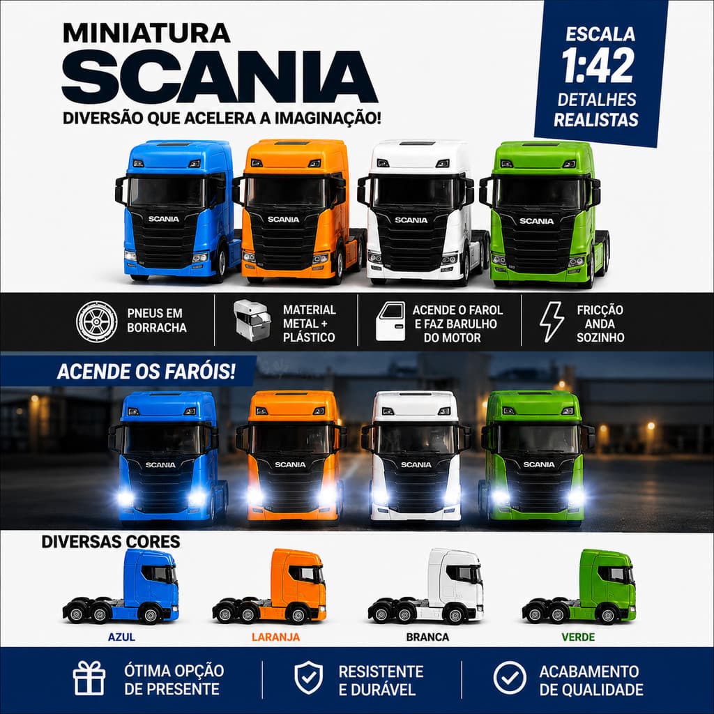 Miniatura Caminhão Scania 1:42 Trucado Metal Som Luz Fricção 4 Cores Colecionável