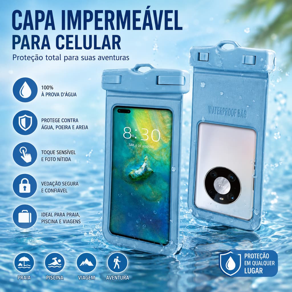 Capa Impermeável Celular IP68 | Bolha Touch para Praia Piscina Mergulho | Prova d'Água com Flutu