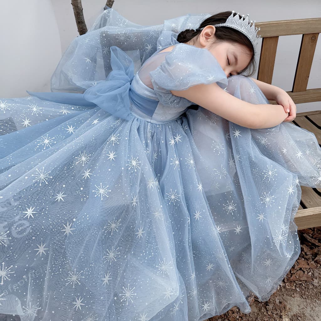Frozen Elsa Princesa Vestido Meninas Vestido de Gaze Crianças de Aniversário Vestido de Desempenho Manga Curta