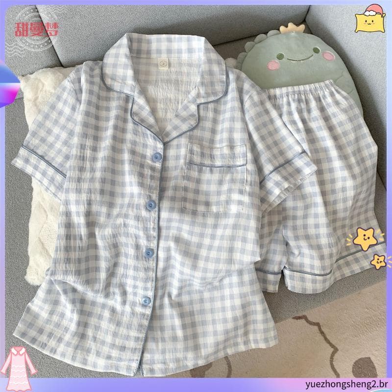 Loja venda quente azul xadrez nuvem algodão pijamas feminino verão Shorts de manga curta linda menina estudante dos dese