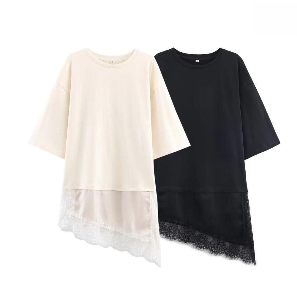 4K28 Camiseta com Detalhes em Renda Perfumada, Blusas Elegantes de Cor Sólida, Manga Curta, Decote Redondo, Casual