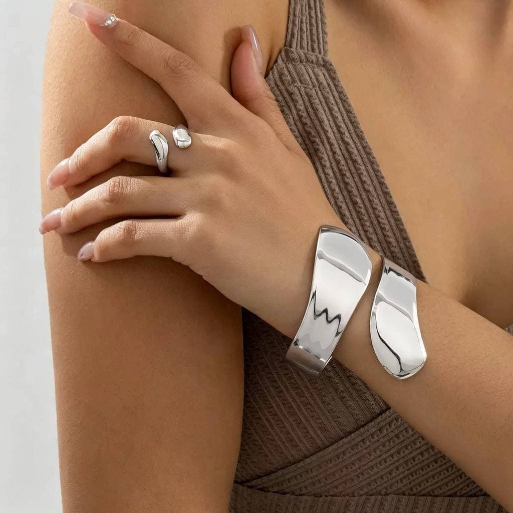 Conjunto Pulseira e Anel Aberta Prata Dourado Brilhante Design Ondulado Minimalista Joias Feminina Para Uso Diário Festa