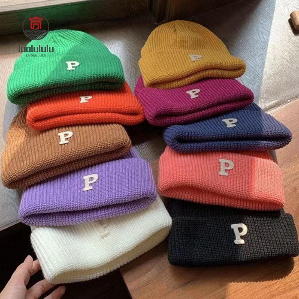 LUOLULULU Chapéu De Malha Quente De Lã , Boné De Tricô Inverno Com Letra P , Gorro Punho De Fio
