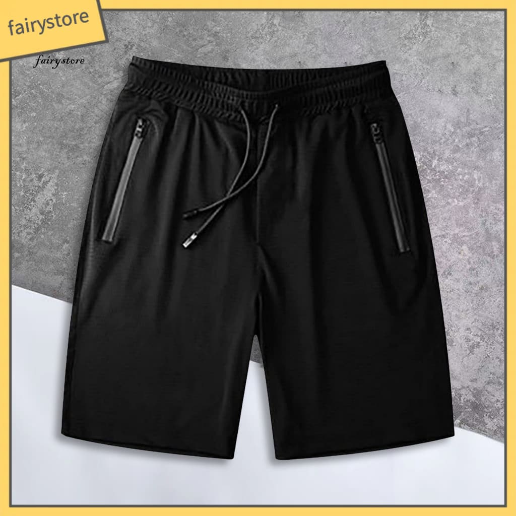Lightweight Gym Shorts Elastic Waistband Men's Summer Athletic with Zipper Pockets Quick-dry Stretch Ice Silk Fabric for