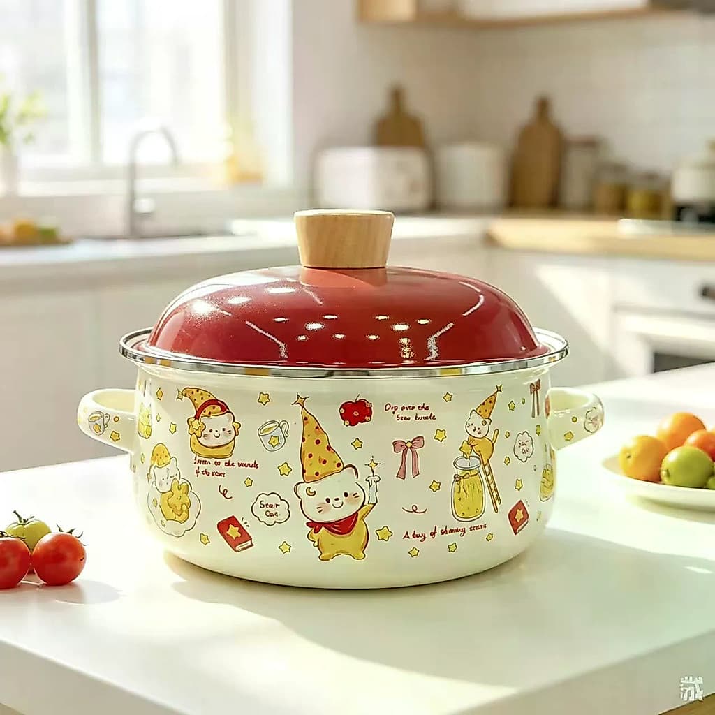 Panela de sopa esmaltada esmaltada com 20 cm de diâmetro Meow Star Panela de guisado de orelha dupla 2.5L Panela quente