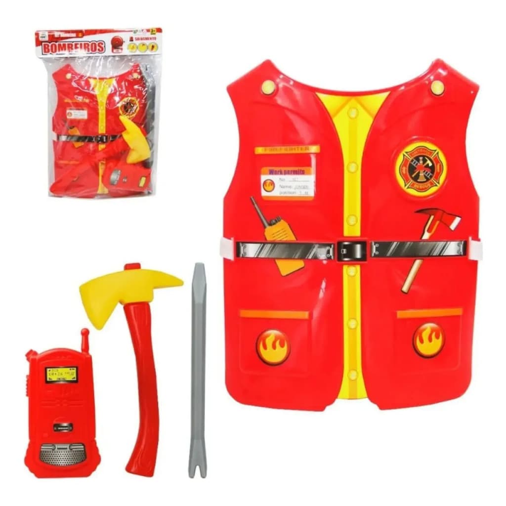 Kit Bombeiro Com Colete + Machado + Radinho Vermelho
