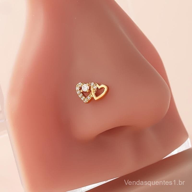 Moda Em Forma De L Nariz Studs Anéis Bonito Brilhante Duplo Coração Anel Para Mulheres Meninas Corpo Piercing Jóias Vers