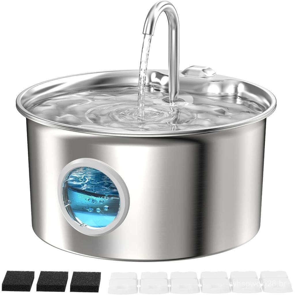 de Água para Animais de Estimação em Aço Inoxidável: Bebedouro para Gatos com 8 Filtros + 8 Esponjas - 88oz/2.6L D