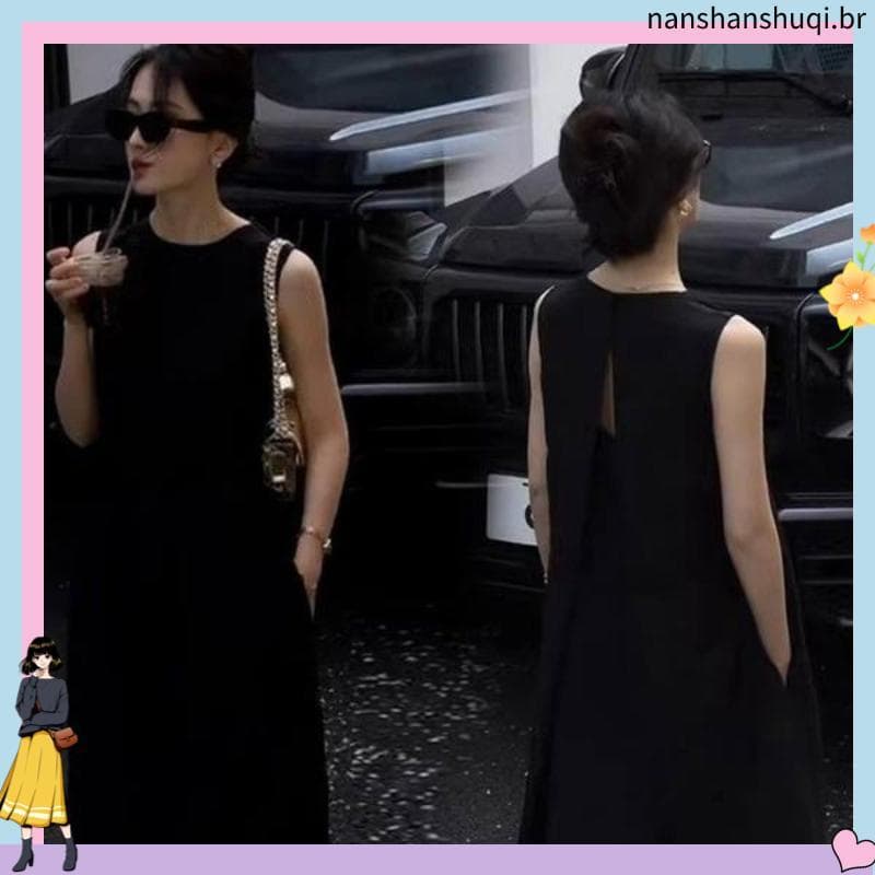 Francês Hepburn estilo High-End saia longa feminina verão chique único preto volta oco sem mangas colete vestido