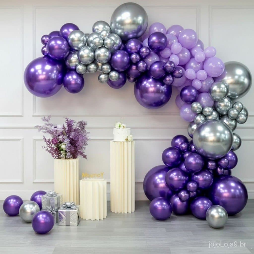 Kit 120 Balões Festa Lilás Roxo Arco Desconstruído Prata Cromado Bexiga Decoração Guirlanda+ Fita