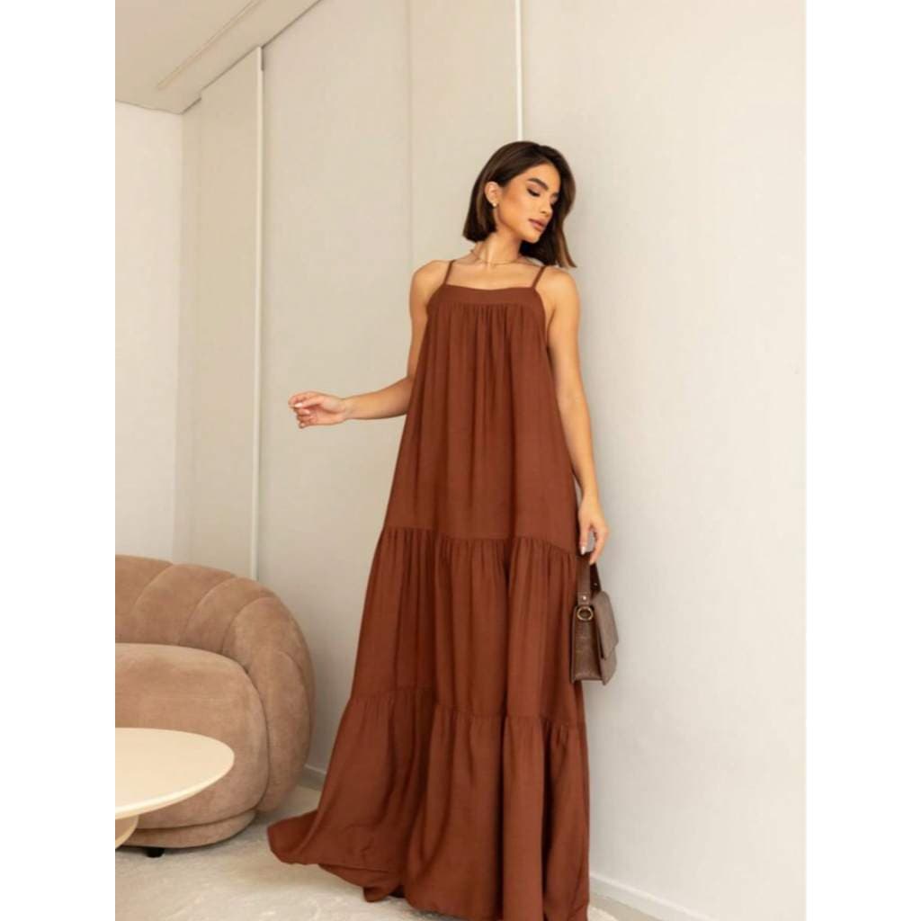 Vestido longo feminino, alça fina, soltinho, babados, boho chic, verão, casual elegante, passeio, festa dia, dia-a-dia