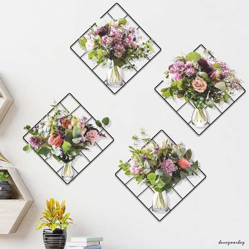Adesivo De Parede De Buquê De Flores De Simulação 3D De 4 Unidades-Decoração De Grade Autoadesiva Removível Para Cozinha