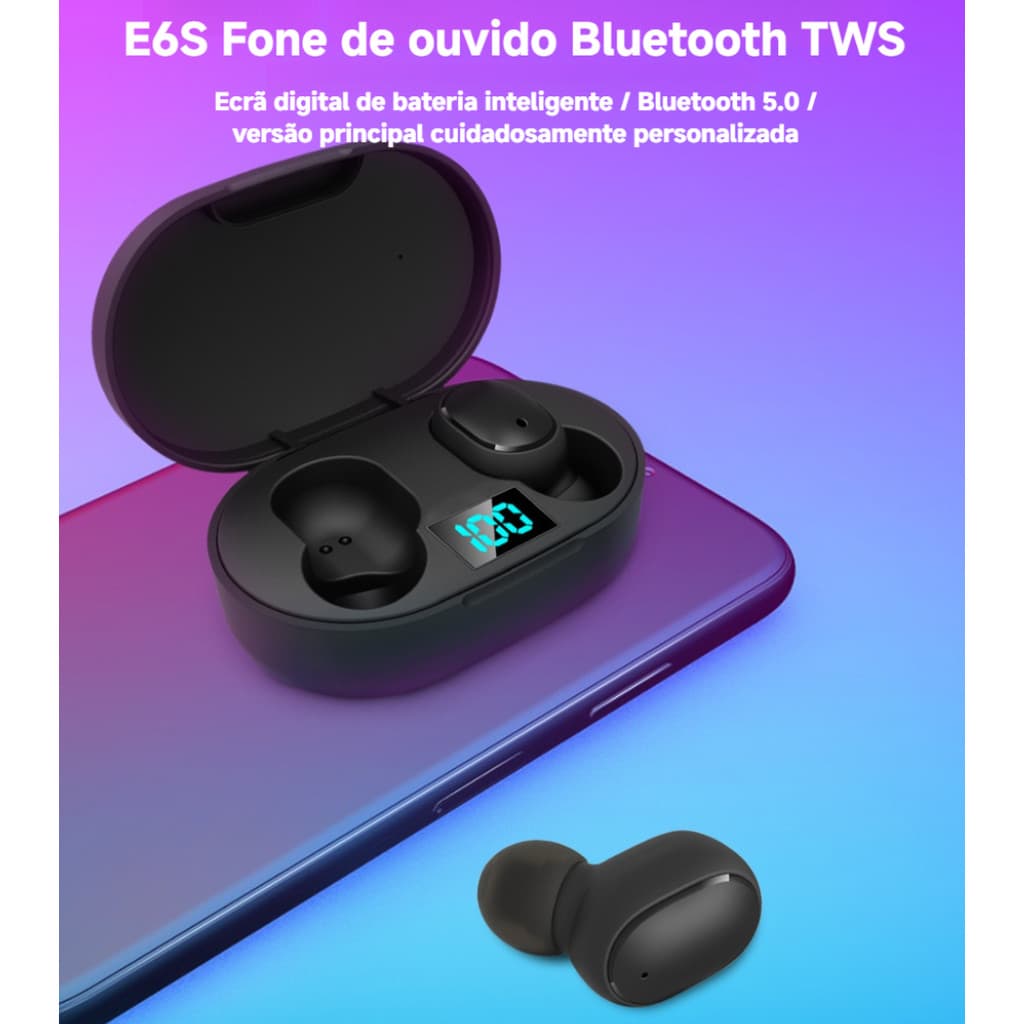 Fone de ouvido Bluetooth E6S Bateria de longa duração com Display Digital Fone de ouvido intra-auricular sem fio com can