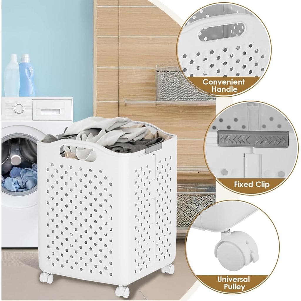 Cesto De Roupas Sujas Com Rodas Dobrável Alça Flexível Ventilado Prático Organizador Casa Quarto Lavanderia Original