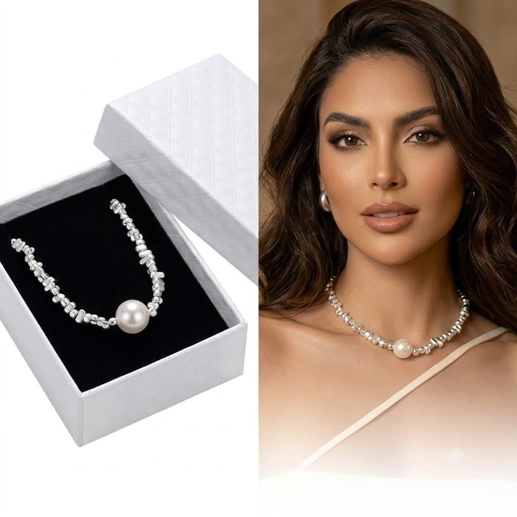 Colar Pérolas 6mm Laço Lateral Aço Cirúrgico Banhado Prata+ Caixa para Presente Luxuosa Perfeito