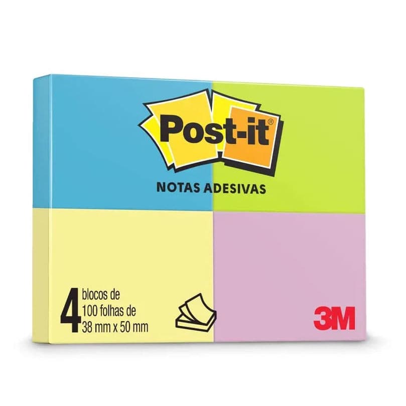 Bloco de Notas Adesivas Post-it 38x50 mm 100 Folhas - 4 Unidades - 3M -  COLORIDO