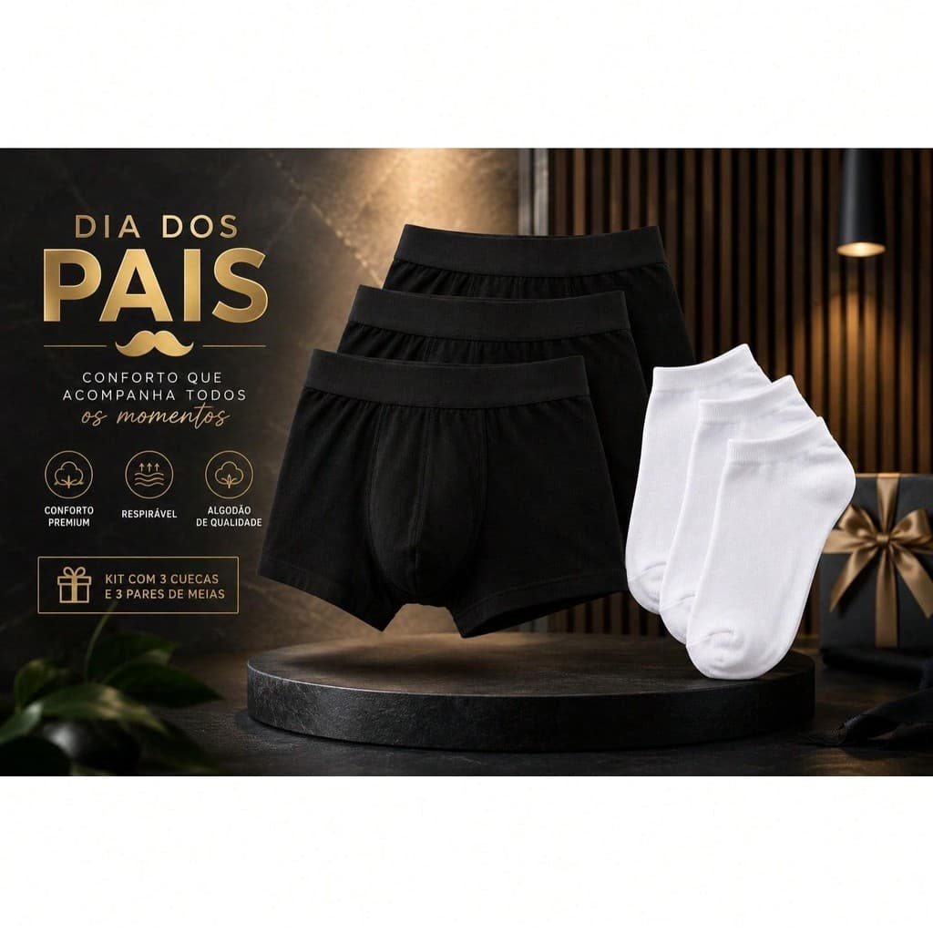 Kit 3 Cuecas Boxer Pretas + 3 Pares de Meias Brancas Presente Masculino Premium