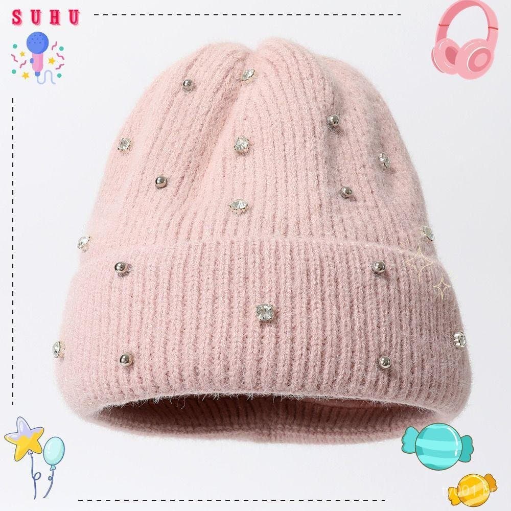 Gorro, chapéu de malha com contas de strass, gorro casual de cor sólida e espesso, quente e confortável.