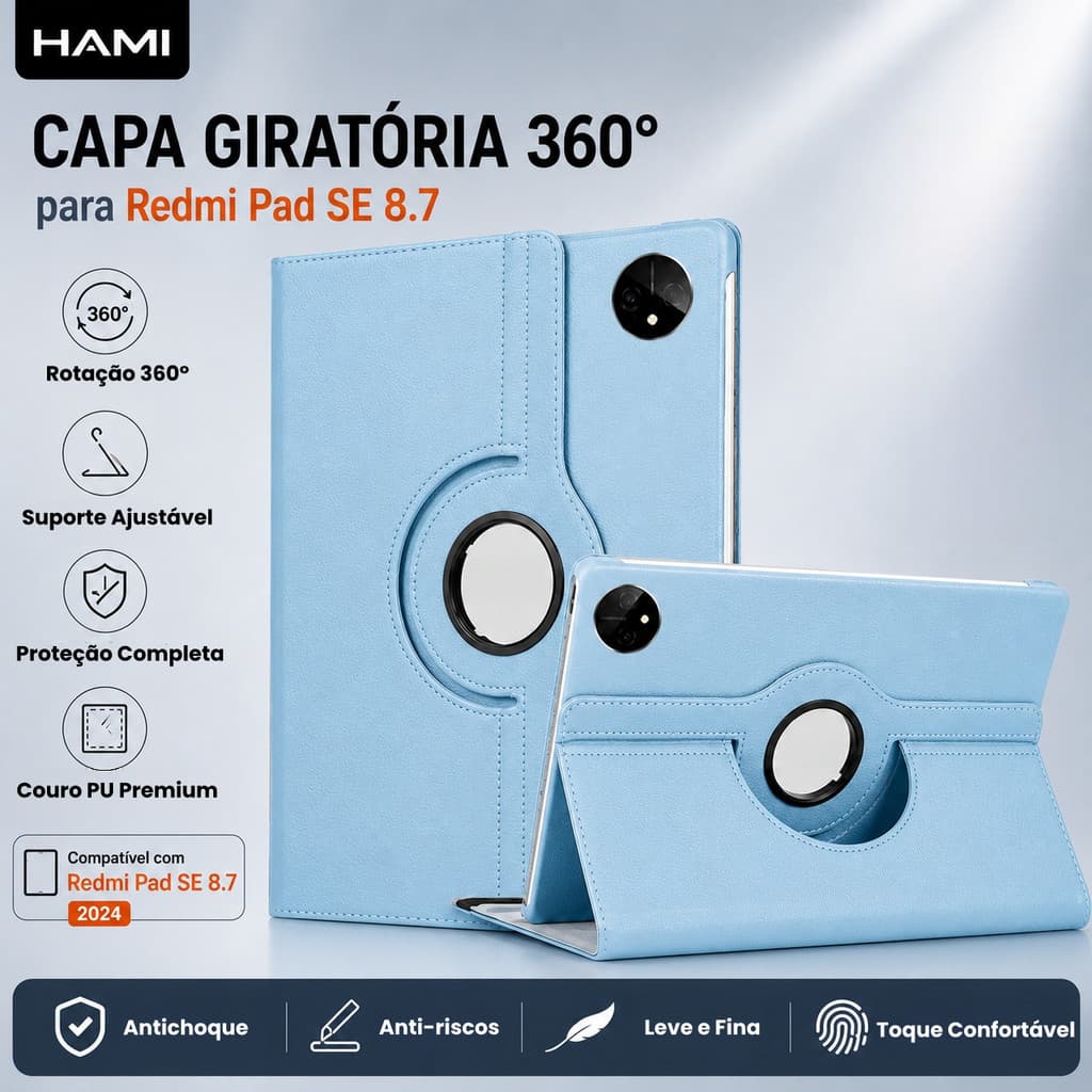 HAMI Capa Giratória 360° para Xiaomi Redmi Pad SE 8.7 2024 com Suporte Couro PU Antichoque Proteção