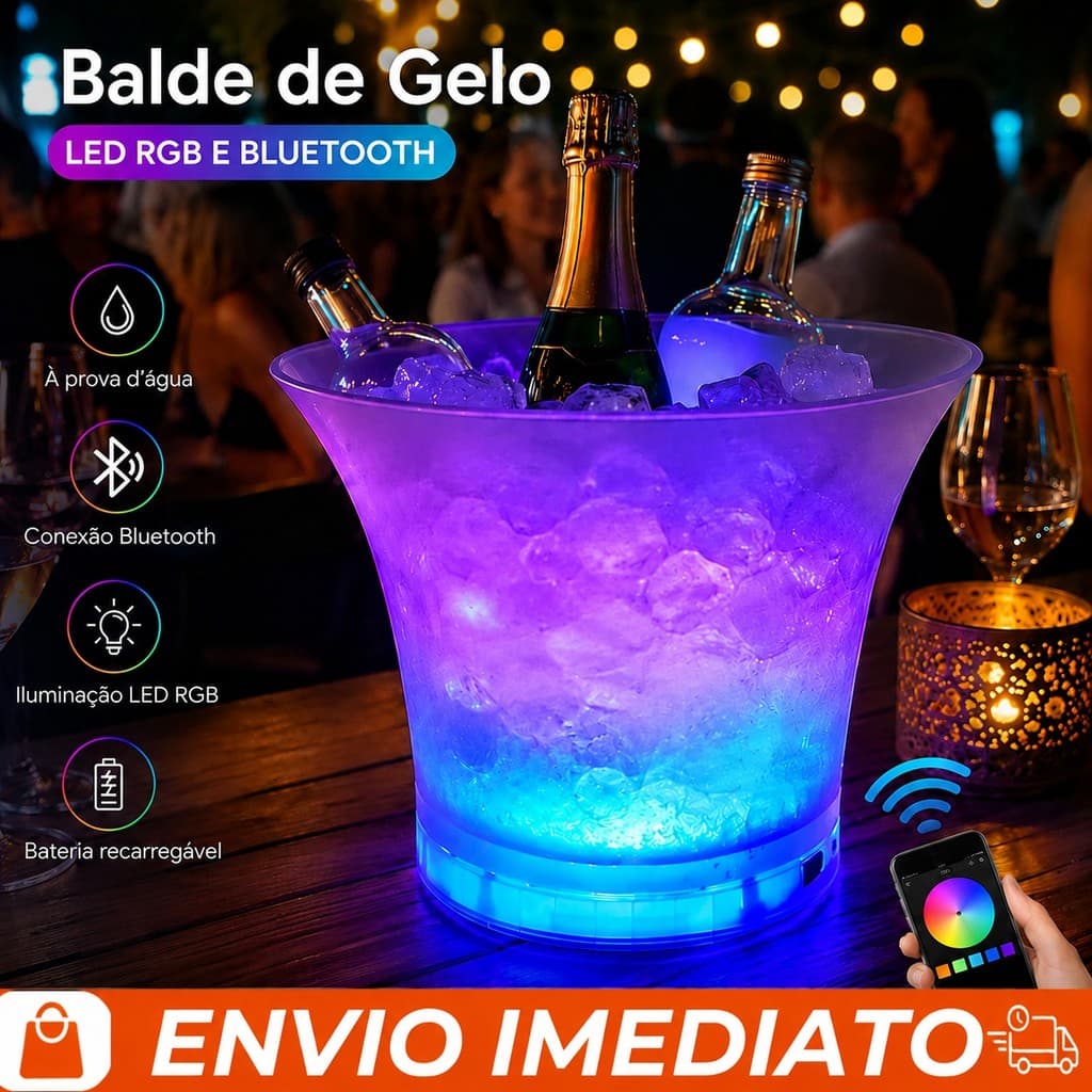 Balde de Gelo LED RGB 5L com Caixa de Som Bluetooth Recarregável para Festas e Churrasco