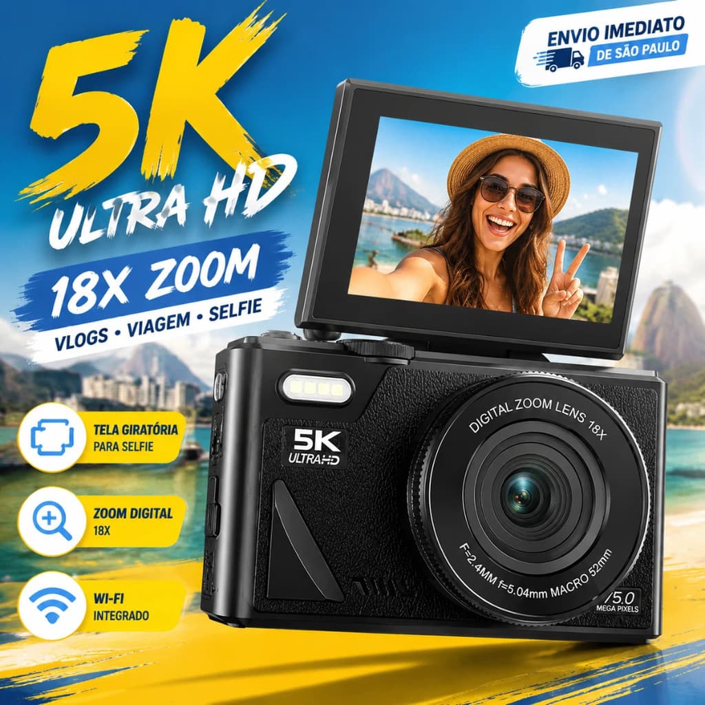 Câmera Digital 5K 18X Zoom Wi-Fi Com Tela Giratória Selfie Para Vlogs E Viagem