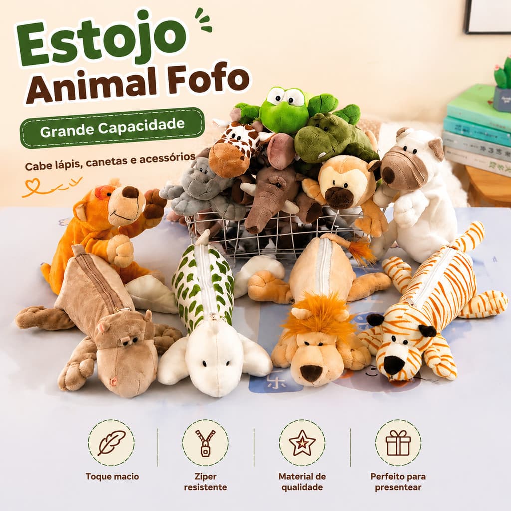 Estojo Pelúcia Kawaii Bichinho 3D Fofo Grande Capacidade Lápis Canetas Zíper Escolar Meninas Presente