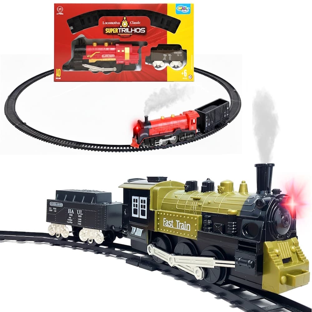 Trem Maria Fumaça Vagão Trilhos Ferrovia Lomotiva com Fumaça e Vagão Brinquedo Infantil