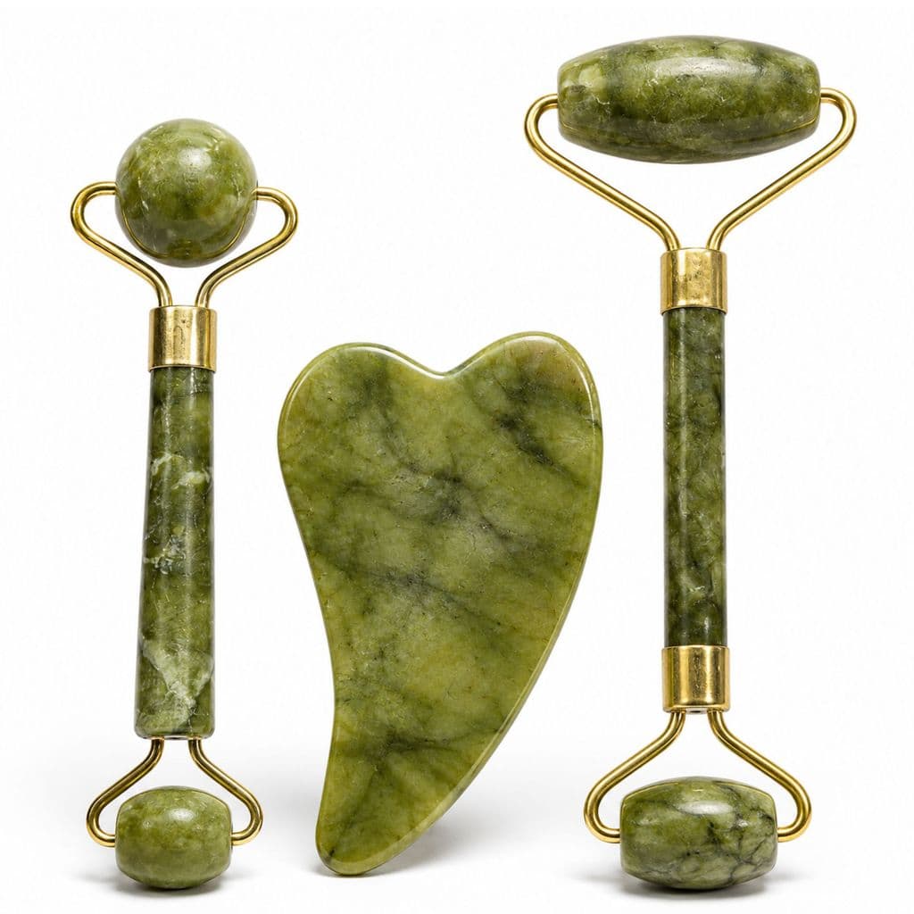 Kit Jade Roller Massageador Facial Pedra Gua Sha Skincare 3 Peças