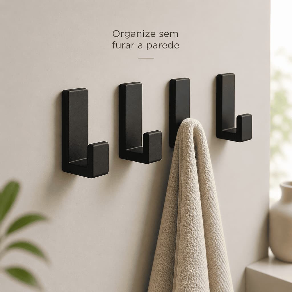 KIT 4 Cabide Gancho Adesivo de Parede com Fita Dupla Face para Toalhas Banheiro
