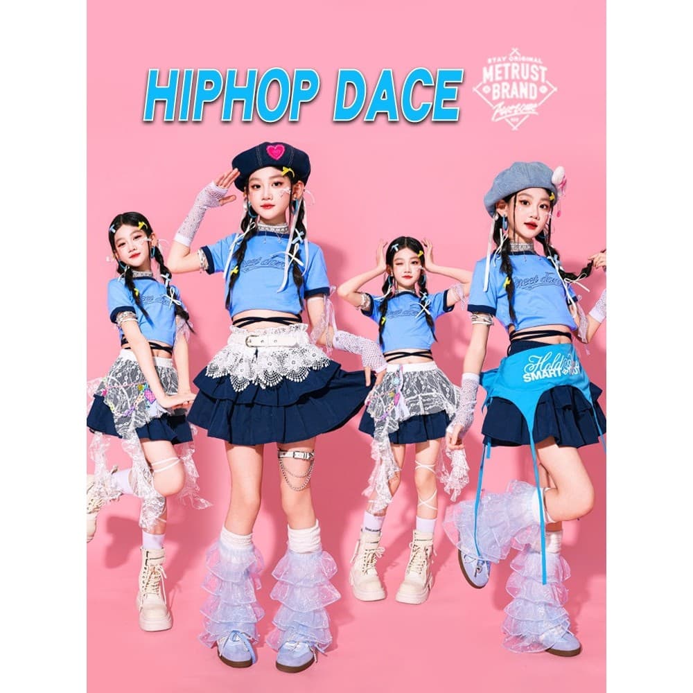 Trajes de dança de jazz azul para meninas, ternos de passarela de jazz infantil, trajes de dança de rua para meninas, ro