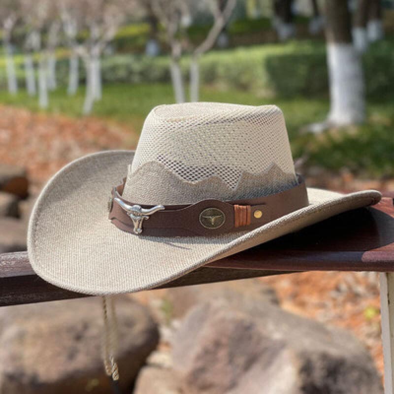 Chapéu de cowboy ocidental para homens e mulheres, chapéu de aba larga para proteção solar ao ar livre 9B66