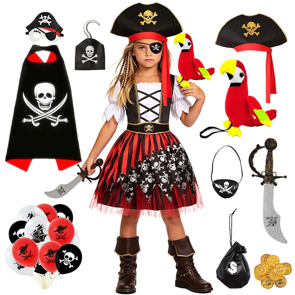 Nova Fantasia Meninas Halloween Pirata Traje Crânio Impressão Vestido Crianças Carnaval Truque Ou Deleite Roupa De Lux
