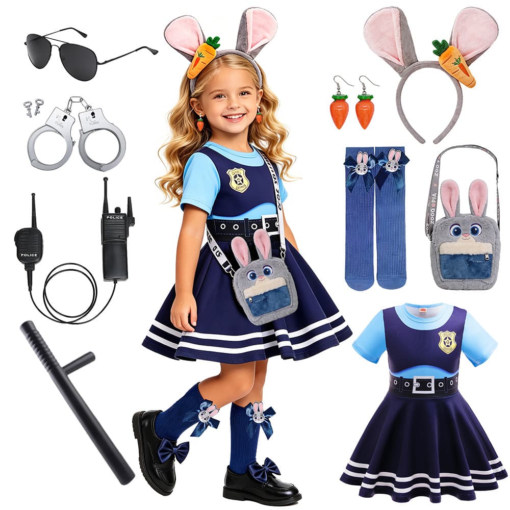 Meninas Policial Judy Traje Fantasia Crianças Birthdya Festa Coelho Vestir-Se Criança Uniforme Inspirado Vestido De Impr