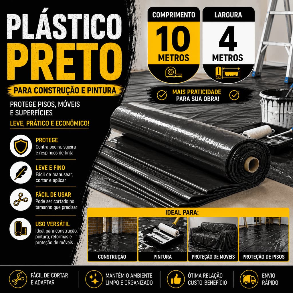 Plastico Preto 10 Metros multiuso para Construção, Pintura e Proteção