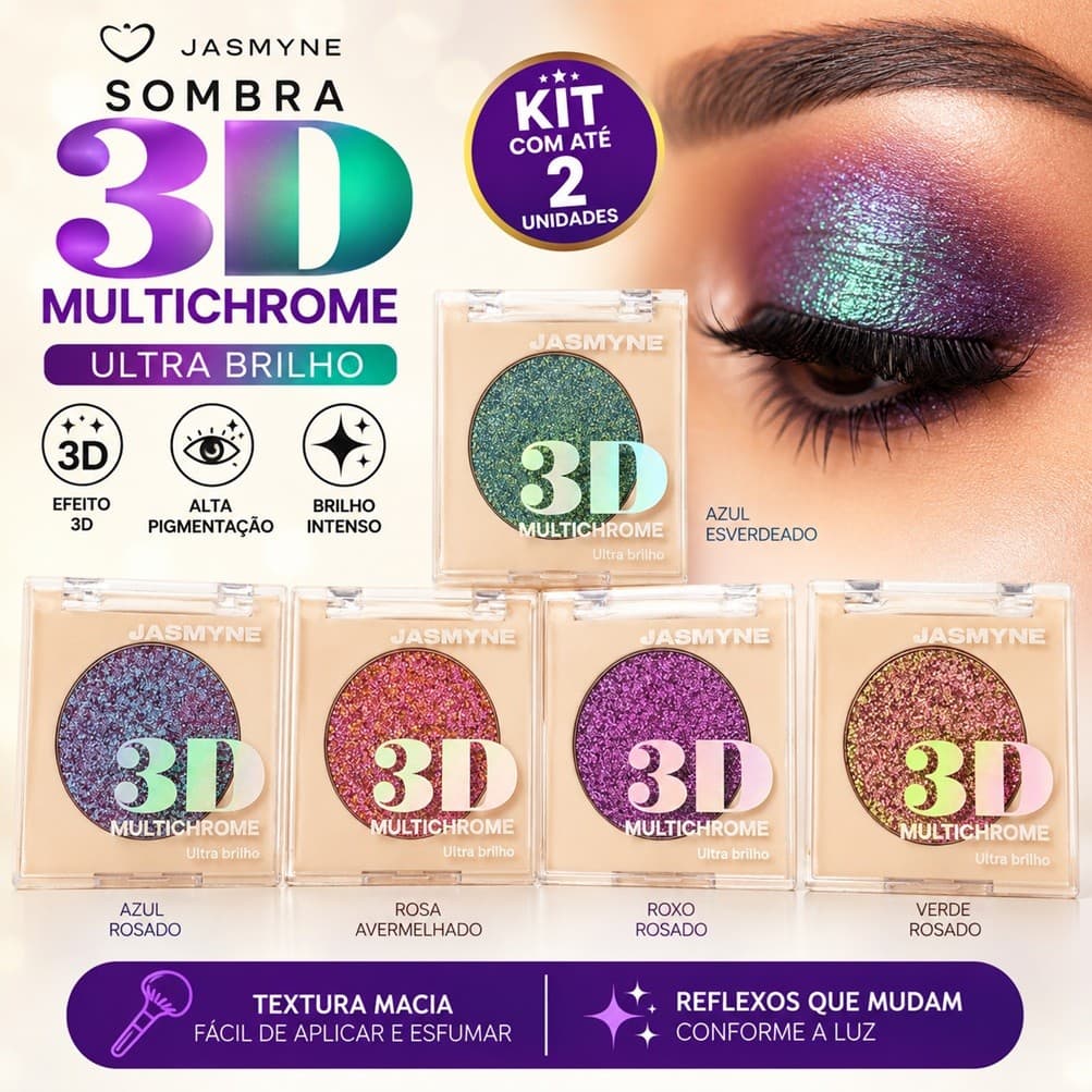 Kit Com Ate 2 Sombra 3D Multichrome Jasmyne J0130 Ultra Brilho Alta Pigmentação Color Shift Olhos