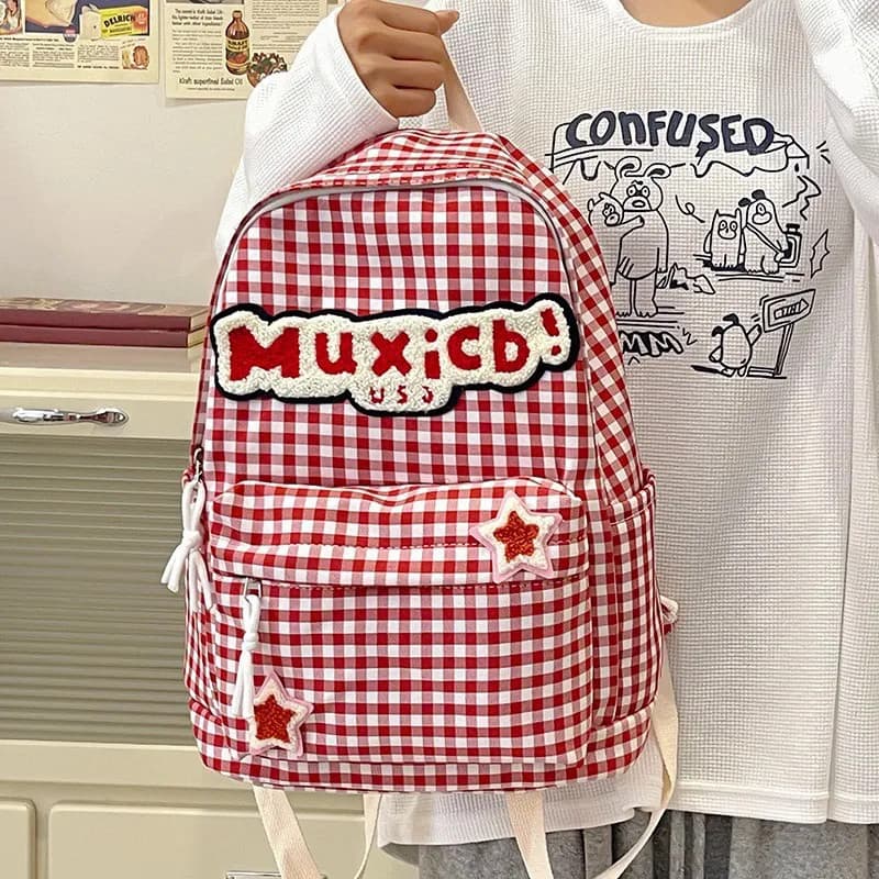 [SJB] Mochila retrô xadrez vermelha americana, mochila escolar fofa estilo Preppy para meninas japonesas