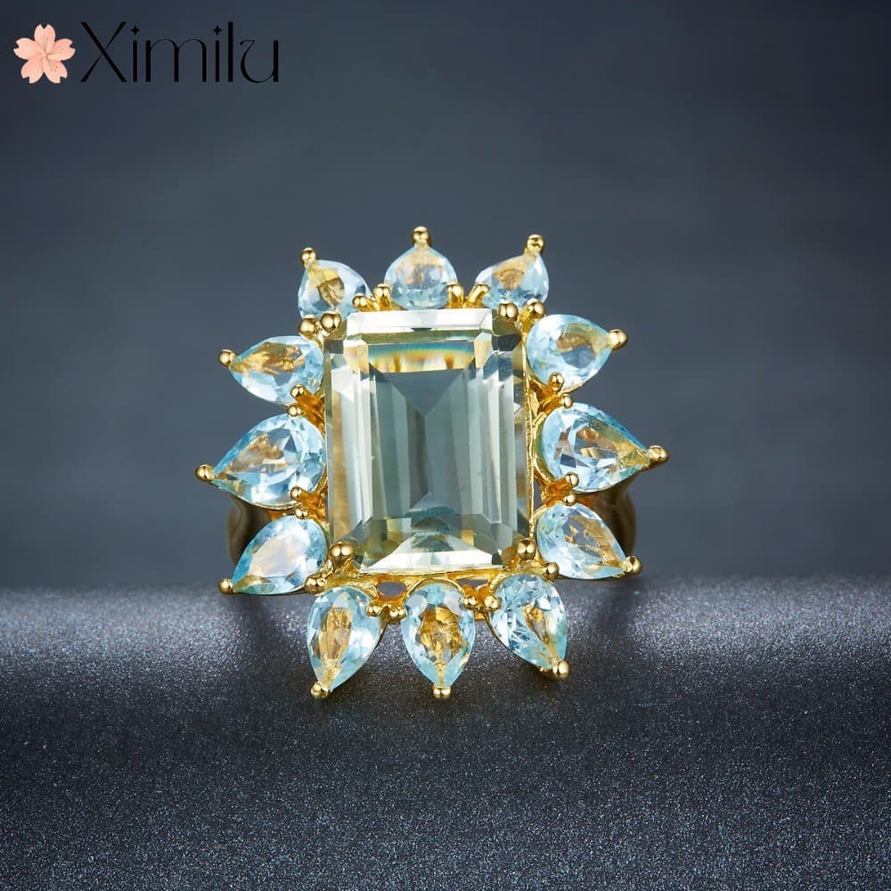 ♥ Anel de prata com pedras preciosas coloridas água-marinha Original feminino topázio banhado a joias de ouro 18k
