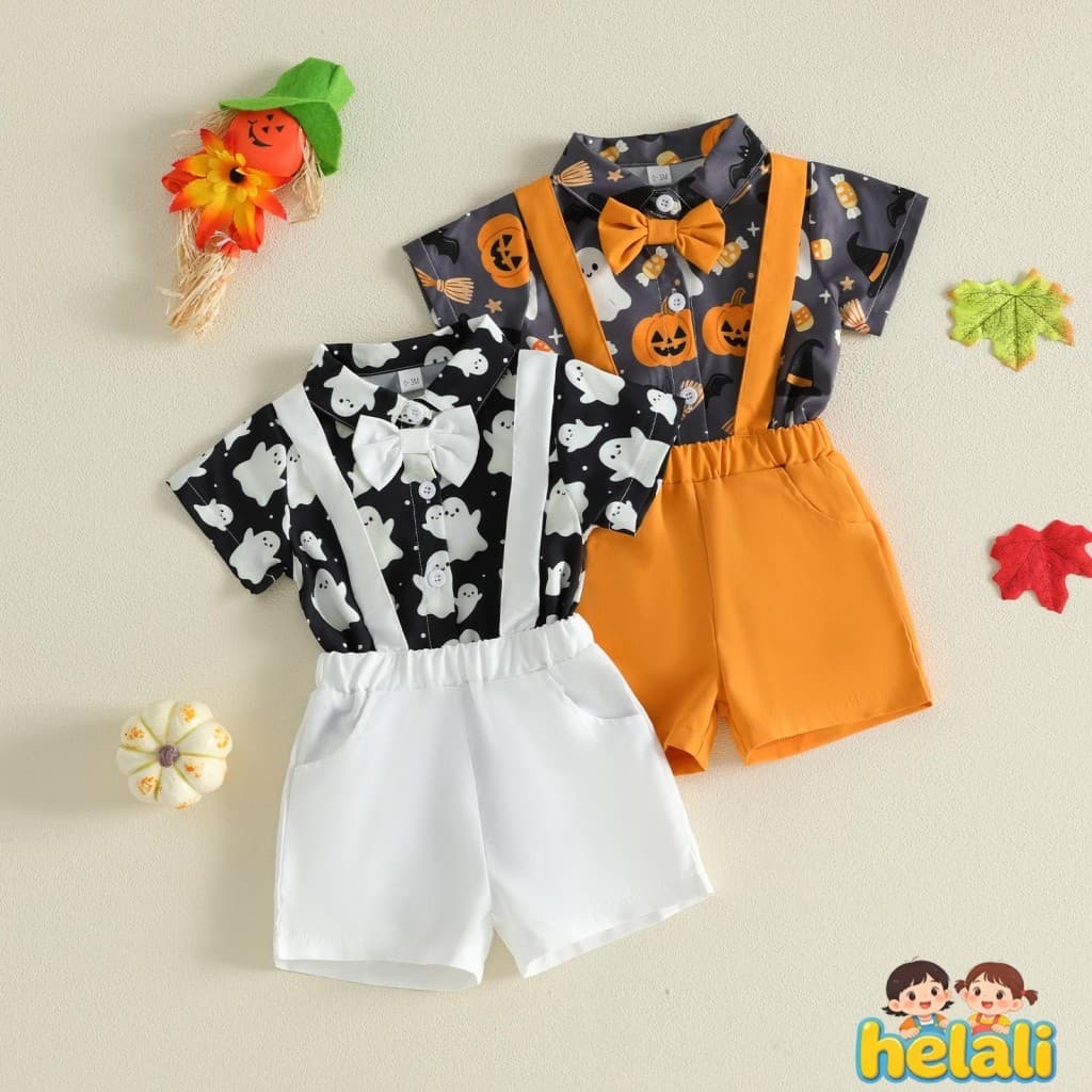 [helali] Conjunto De Shorts E Macacões De Cor Sólida Para Bebês Meninos Com Estampa De Abóbora Fantasma