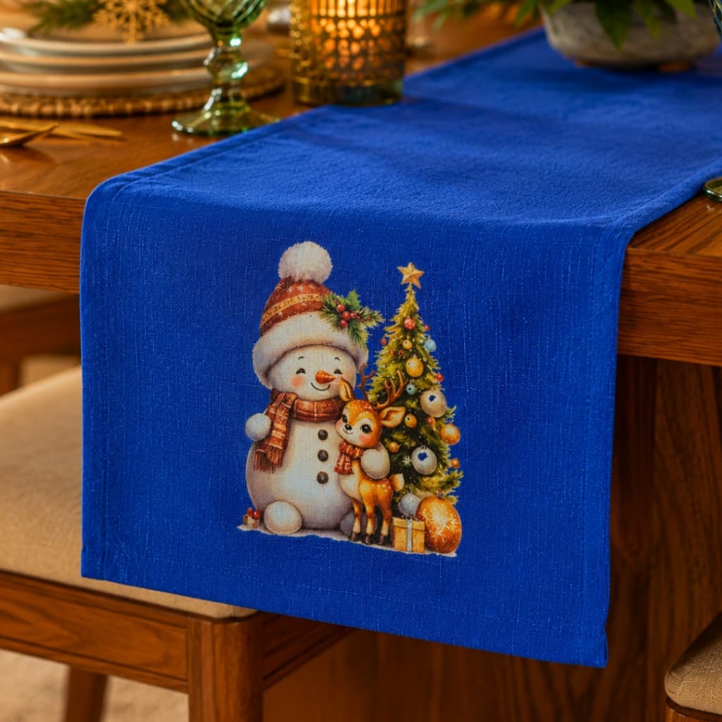 Trilho Caminho de Mesa Natalino Maquinetado Azul com Estampa Boneco de Neve Passadeira Vários Tamanhos