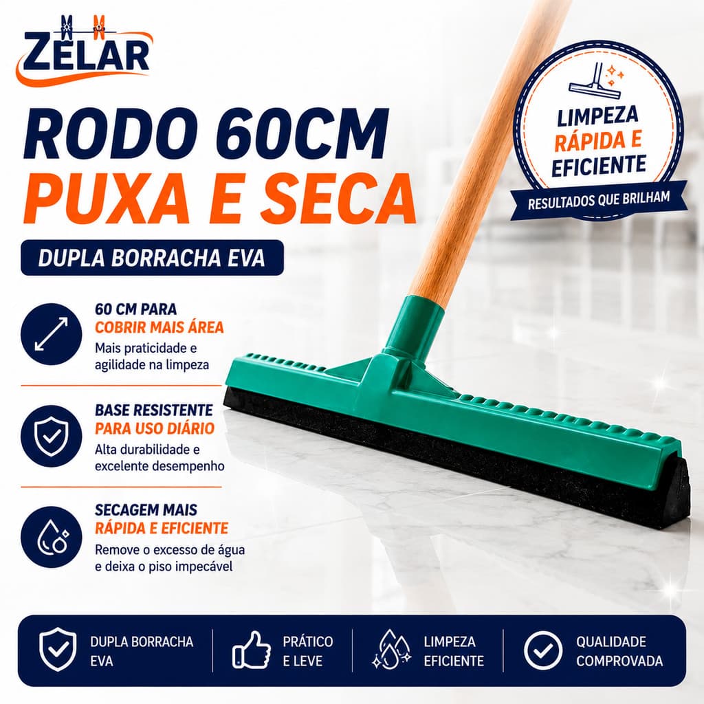RODO GRANDE 60CM COM BORRACHA DUPLA EVA , PARA PISO E AZULEJO , IDEAL PARA LIMPEZA PESADA , PUXA E SECA - SEM CABO
