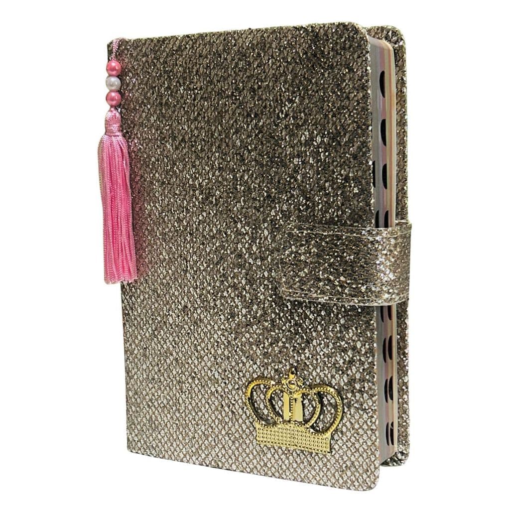 Bíblia Feminina Glitter Dourada com Harpa Botão Magnético Pingente e Textos Coloridos