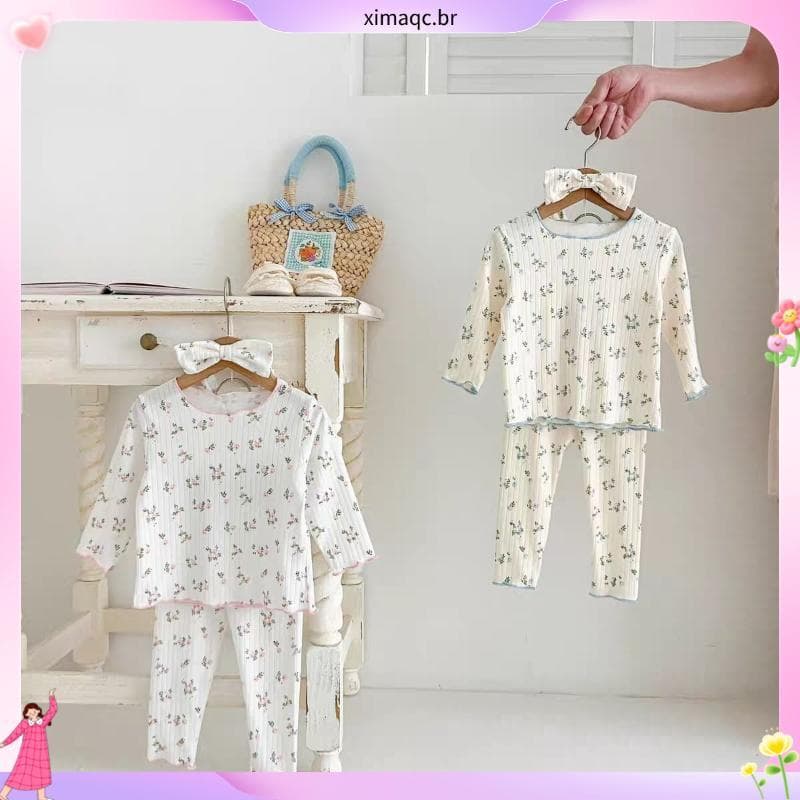 Casual Loungewear outono novo estilo bebê menina calças de manga comprida Floral alemão veludo pijamas de duas peças men